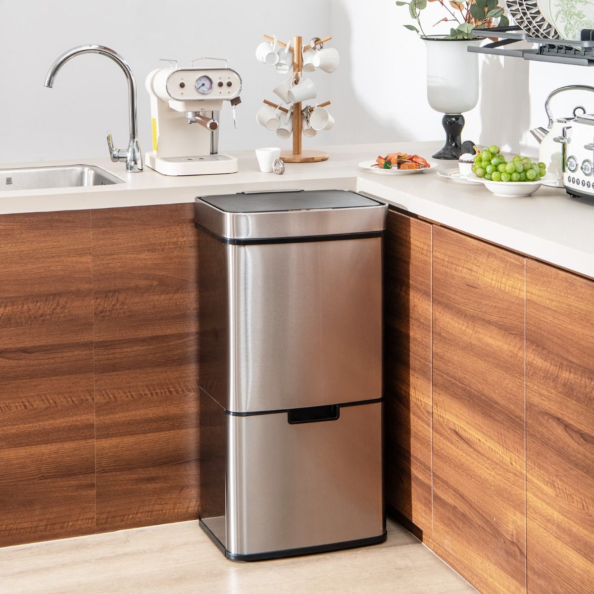 Coast 72 L Mülleimer mit Sensor - 4 Mülleimer, Silber, 42 x 32-58 x 84-110 cm, elektrischer Mülleimer mit Softverschluss für Küche und Büro