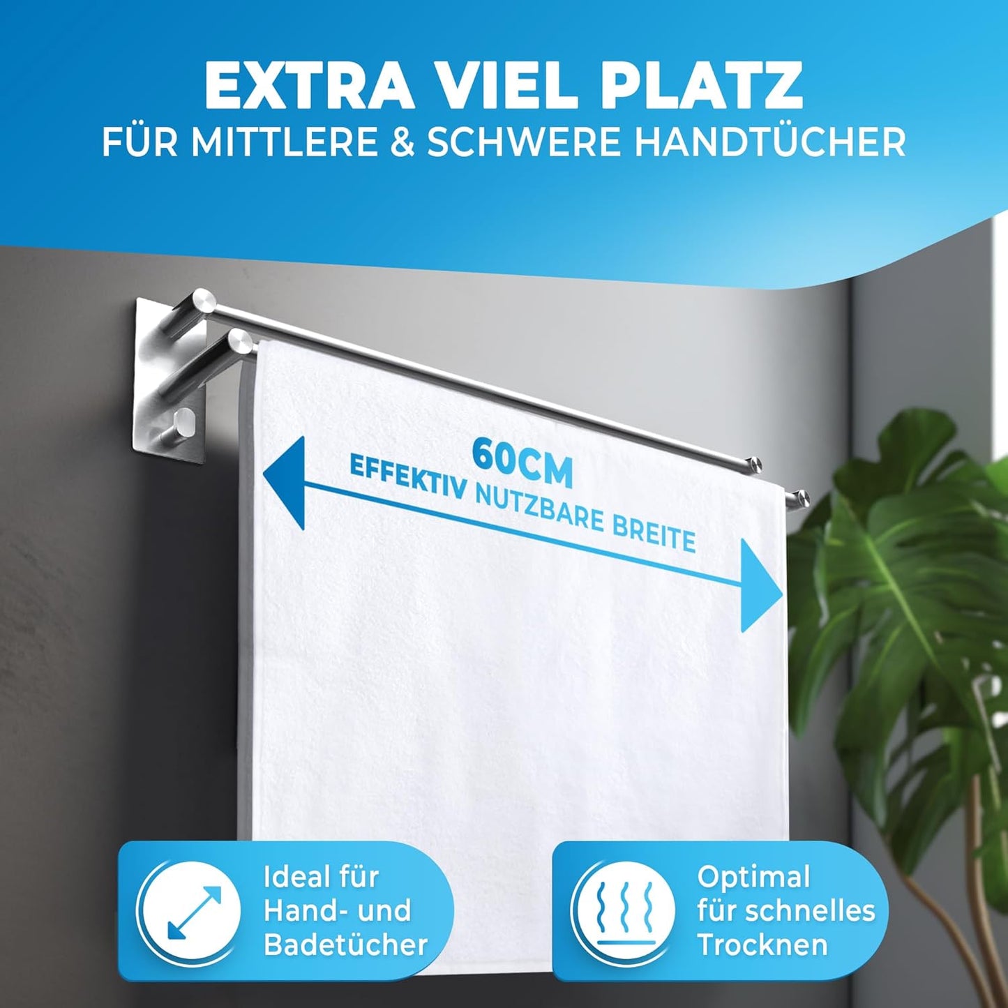 LOBUX® - Handtuchhalter ohne Bohren - 60cm, Edelstahl - Handtuchhalter Bad doppelt, selbstklebend - Handtuchhalter, Handtuchhalter inkl. 2 Handtuchhaken - für Bad, Duschwand, Küche
