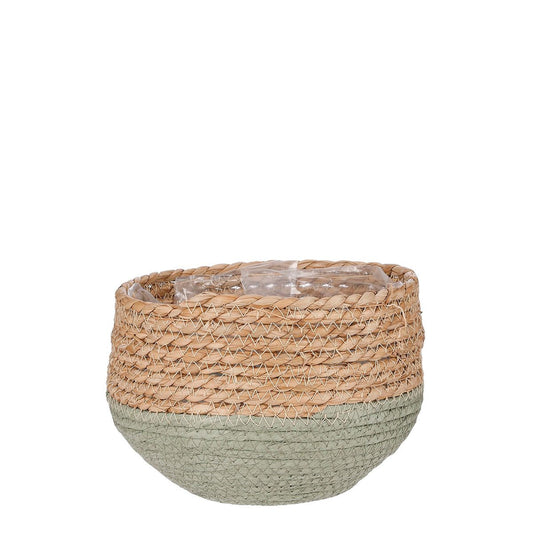 MICA Decorations JORCK Pflanzkorb 15x18 cm - Geflochtenes Seegras mit gedämpfter grüner Unterseite