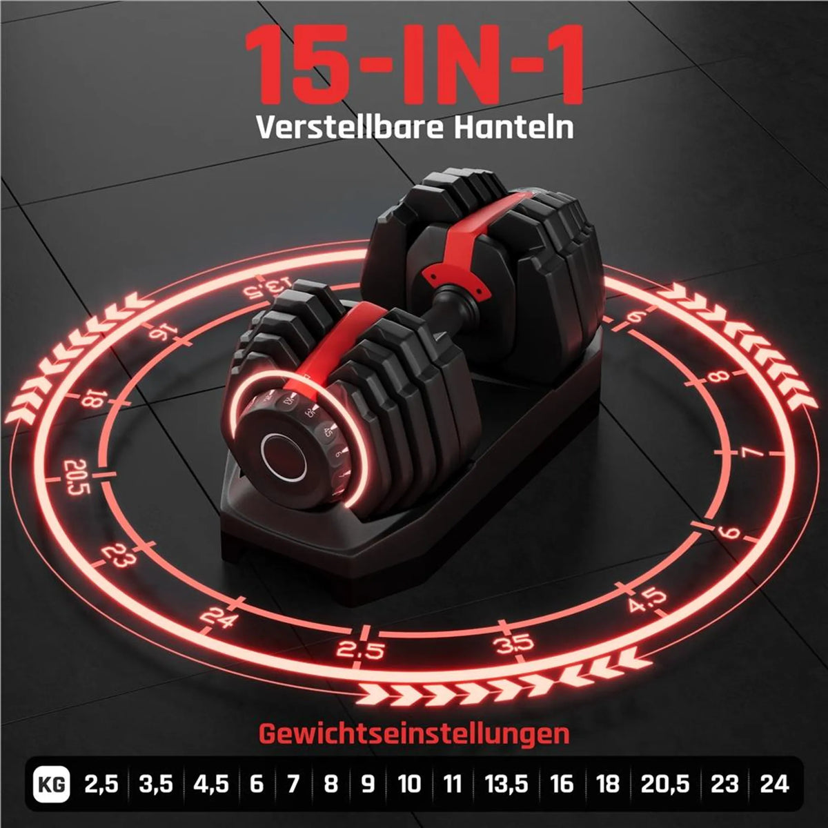Yaheetech Verstellbares Hantelset 2,5–24 kg – 15-in-1-Schnellverstellung – Schwarz/Rot – 42 × 21,5 × 22 cm