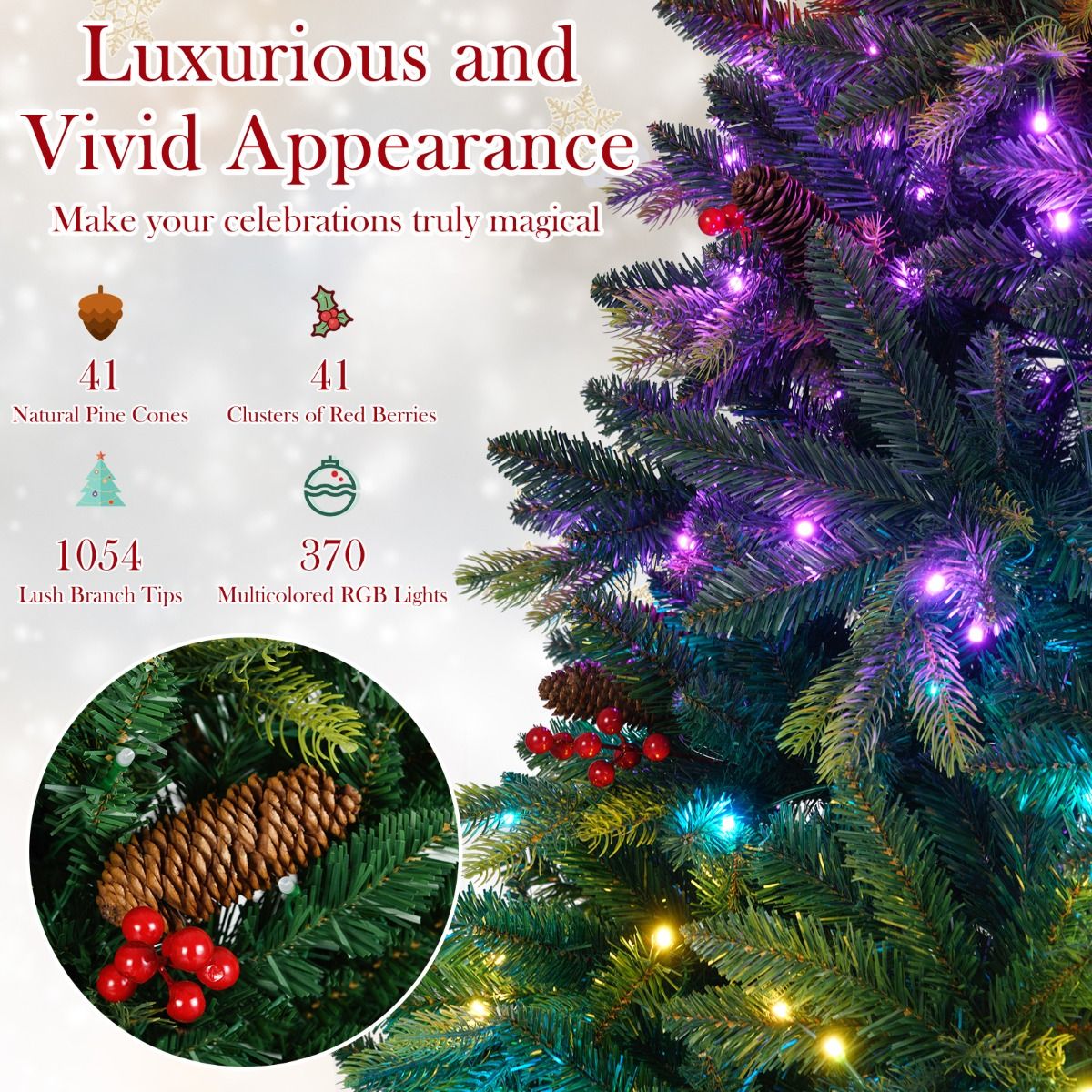 Coast 180 cm Künstlicher Weihnachtsbaum Grün - Vorbeleuchtet mit 370 RGB-Lichtern - APP-gesteuert - Mit Zapfen und roten Beeren