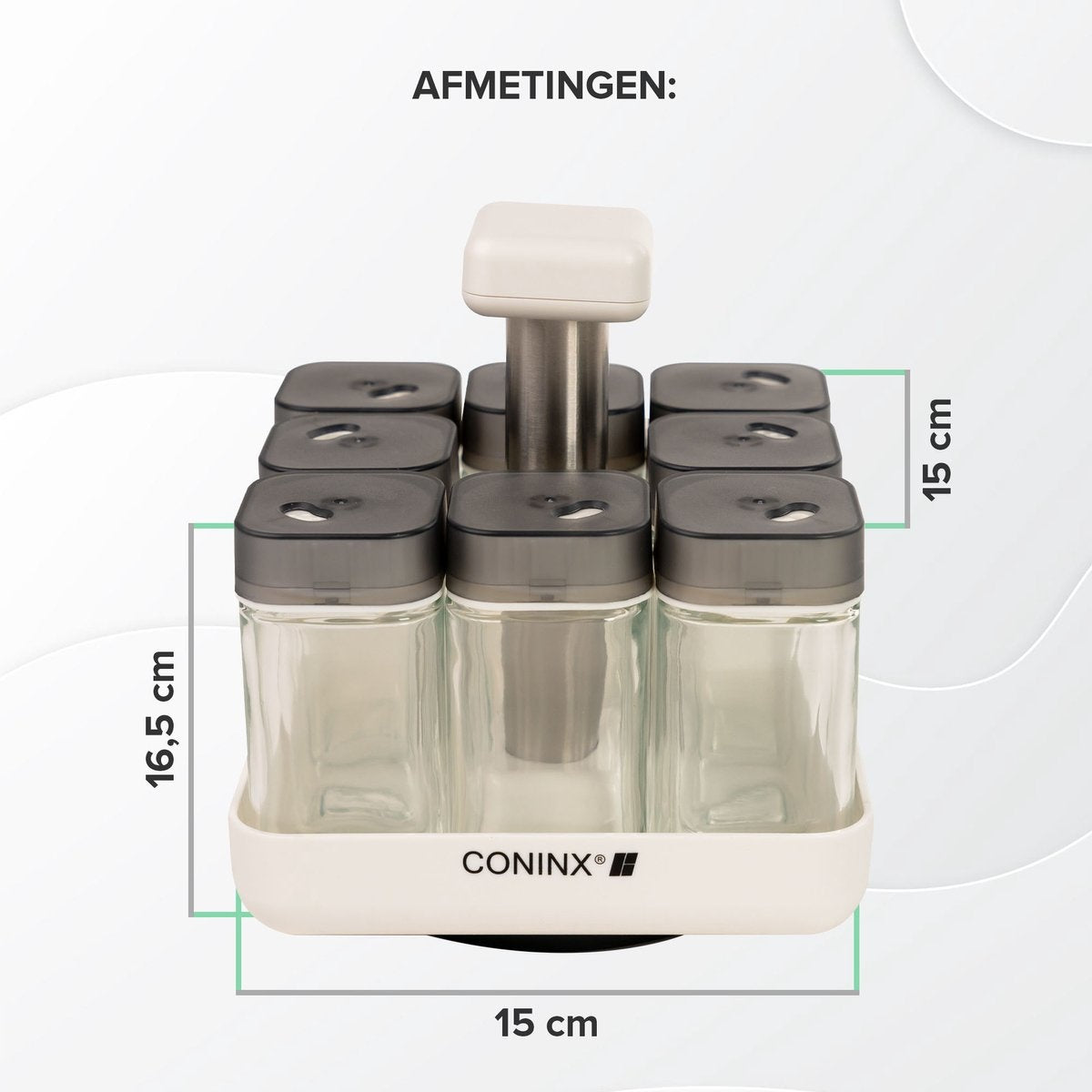 Coninx Gewürzregal Upright - Rotierendes Gewürzregal mit Glasbehältern - Gewürzkarussell drehbar - 8 Gewürzbehälter - Weiß / Edelstahl