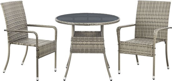 Juskys Polyrotan Gartentisch / Beistelltisch / Balkontisch Yoro - Rund - 80 cm - Grau - Inkl. Glasplatte