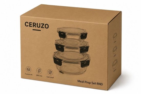 Ceruzo Meal-Prep-Glasbehälter – 3 Stück – luftdicht – rund