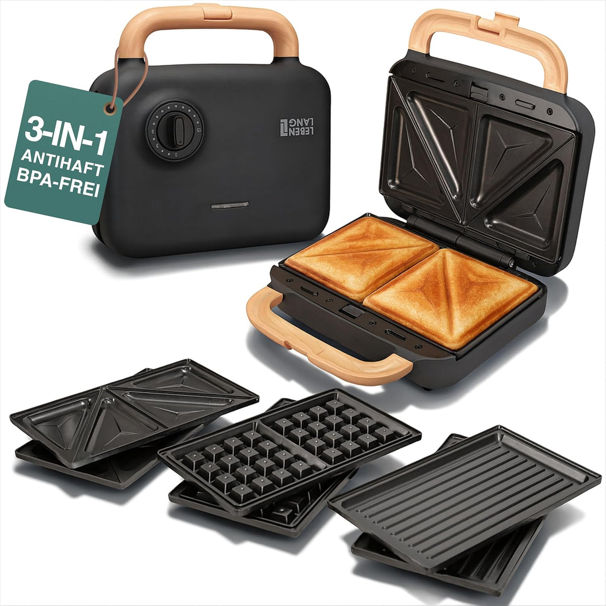 Lebenlang Sandwichmaker 3-in-1 - 23,9 × 23 × 12,2 cm - 750 W - Schwarz - Sandwich - Waffel - Grill