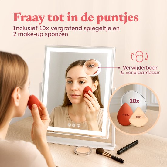 Fraay® Hollywoodspiegel mit Beleuchtung 41x30cm - 3 Lichtstufen - Schminkspiegel mit 10-facher Vergrößerung - LED-Streifenbeleuchtung dimmbar - inkl. Beauty Blender und Puderquaste