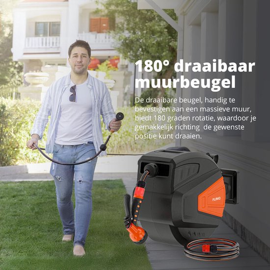 FlinQ Gartenschlauchtrommel 10 Meter - Automatische Schlauchtrommel - 180° drehbare Wandtrommel - Wandschlauchbox mit Gartenschlauch, Trommel und Sprinklerkopf - 9 Sprühmodi