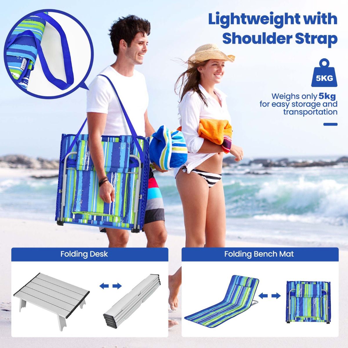 Strandmatten Coast (2 Stück) mit Beistelltisch - 151 x 56 x 27 cm - Grün / Blau