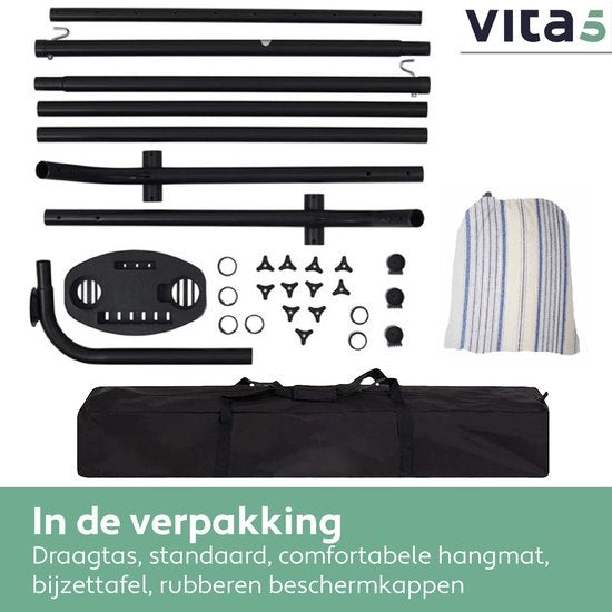 Vita5 Hängematte mit Ständer - 2 Personen - Inkl. Getränkehalter - 205kg Tragegewicht - Blau/Weiß