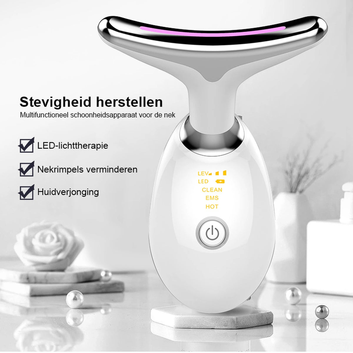 Sunluxy ES-1081 Nackenmassagegerät – EMS-Mikrostrom, 7-farbiges LED-Licht und 45 °C-Wärmefunktion – Gesichts- und Nackenpflege – 16,2 x 13,2 x 5,8 cm