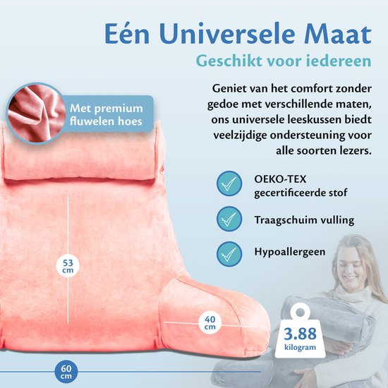 Ella Lesekissen XL – Memory-Foam-Entspannungskissen für das Bett – Sitzkissen mit Nackenrolle und Lendenwirbelstütze – Bookseat – Samt, Korallenrosa