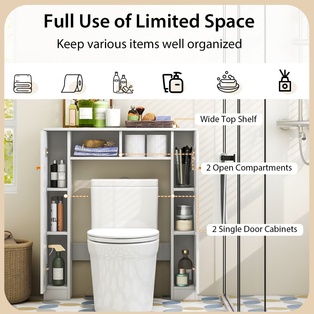 Coast Toilettenkabinett - 2 Türen - 2 offene Fächer - verstellbare Einlegeböden - 18 x 87,5 x 98 cm - Weiß