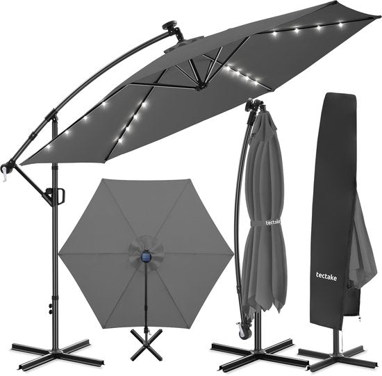 tectake® Schwebeschirm mit Sockel – 3,5 x 3,5 m – Gartenschirm mit solarbetriebener LED-Beleuchtung – schwenkbar – wasserabweisendes Polyester mit UV-Schutz – inklusive Schutzhülle – grau