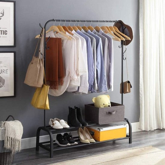 Avalo Industrial Clothes Rack - Metall - 110x33x150 CM - Schwarz - Lagerung für Schuhe - Garderobe Rack mit Haken