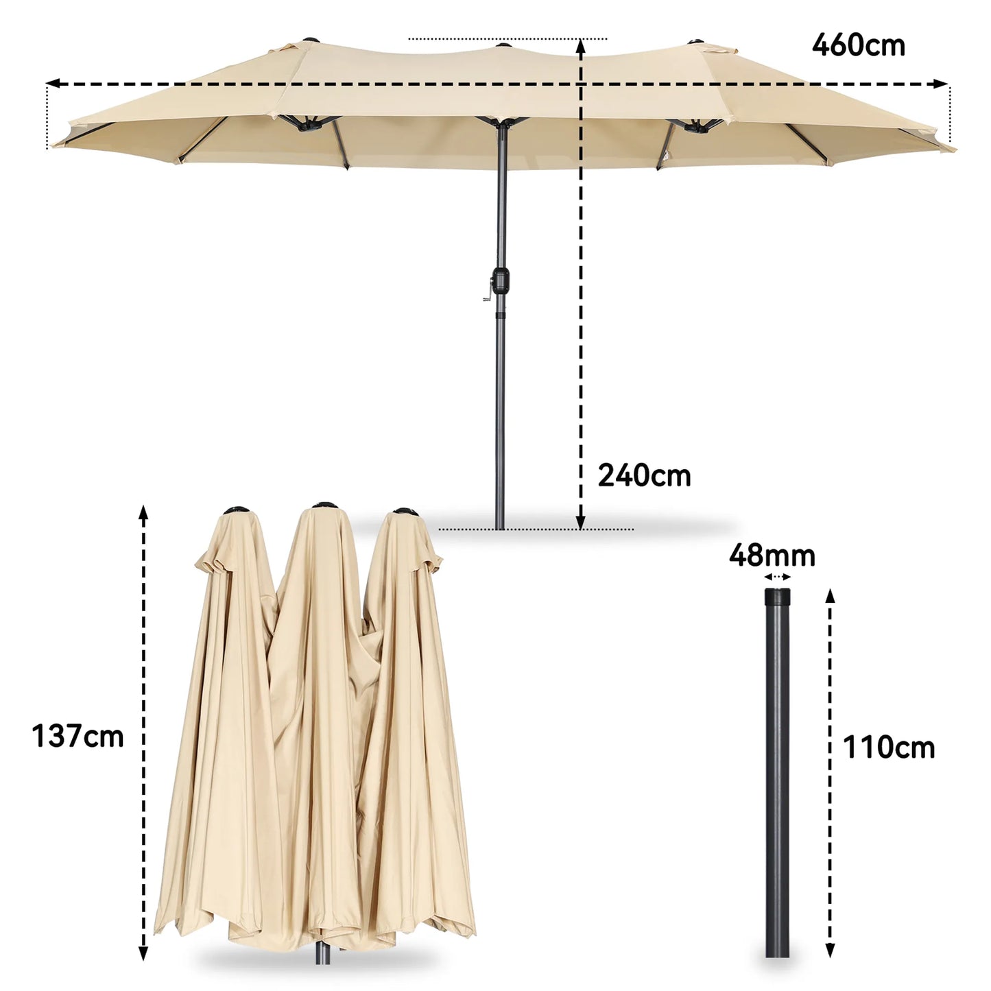 Angel Living Doppel-Sonnenschirm – 460 x 270 cm – mit Drehkurbel – UPF 50+ – beige