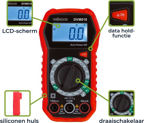 Velleman Digitalmultimeter, geeignet zum Messen von AC/DC-Strom, AC/DC-Spannung, Widerstand, Transistor, Dioden und Durchgang, einschließlich Messleitungen