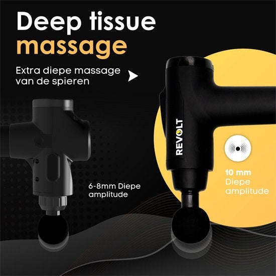 Revolt - Massagepistole - 30 verschiedene Geschwindigkeiten - 6 Aufsätze - Deluxe-Aufbewahrungskoffer - Deep Tissue - für Muskelerholung & Verletzungen - hohe Amplitude