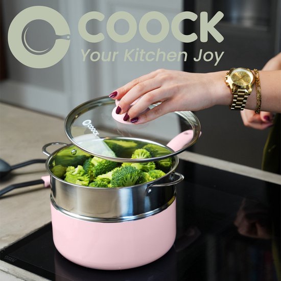 COOCK 19-teiliges Pfannenset - Spezielle Antihaftbeschichtung - Ergonomische Griffe - Recyceltes Aluminium - Bratpfannenset - Kochtopfset - Hellrosa - Inklusive Untersetzer und E-Book
