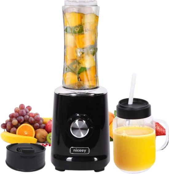 Niceey Mini Blender - Smoothie Maker - Mixer Smoothie - Entsafter - 500W - mit 2 To-Go Bechern - Schwarz