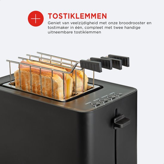 Bourgini Toasti Toaster - Toaster mit Toasti-Clips - Schwarz- Extra breiter Schlitz, geeignet für 2 getoastete Sandwiches - Einstellbare Bräunungsstufe und Auftaufunktion