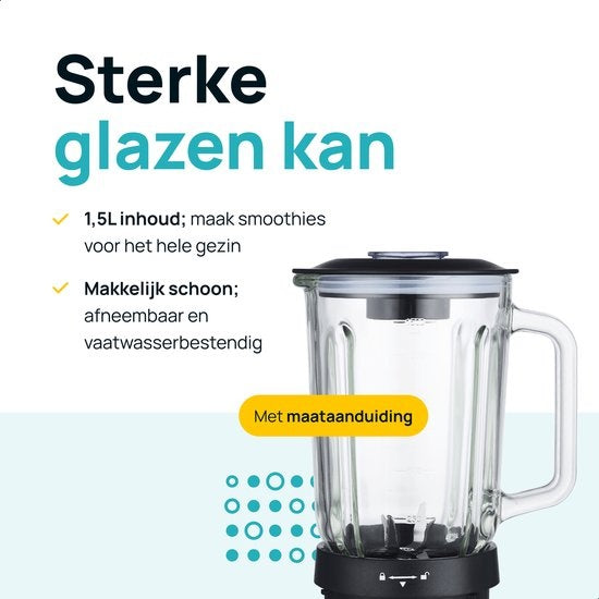 MOA Krachtige Blender - Met glazen kan - 1,5 liter - Zwart - 1000 Watt - TB61B