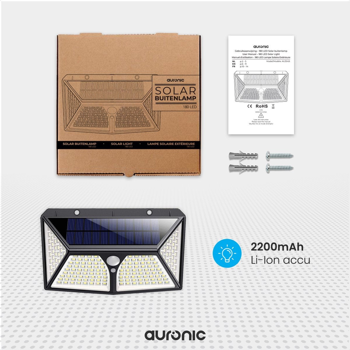 Auronic Solar Außenleuchte mit Bewegungssensor - Wandleuchte mit Sensor - Solar - 180 LEDs - IP65 - Schwarz