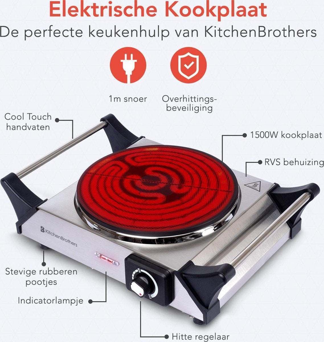 KitchenBrothers Elektrokochfeld - 1 Brenner - 1500W - Edelstahl