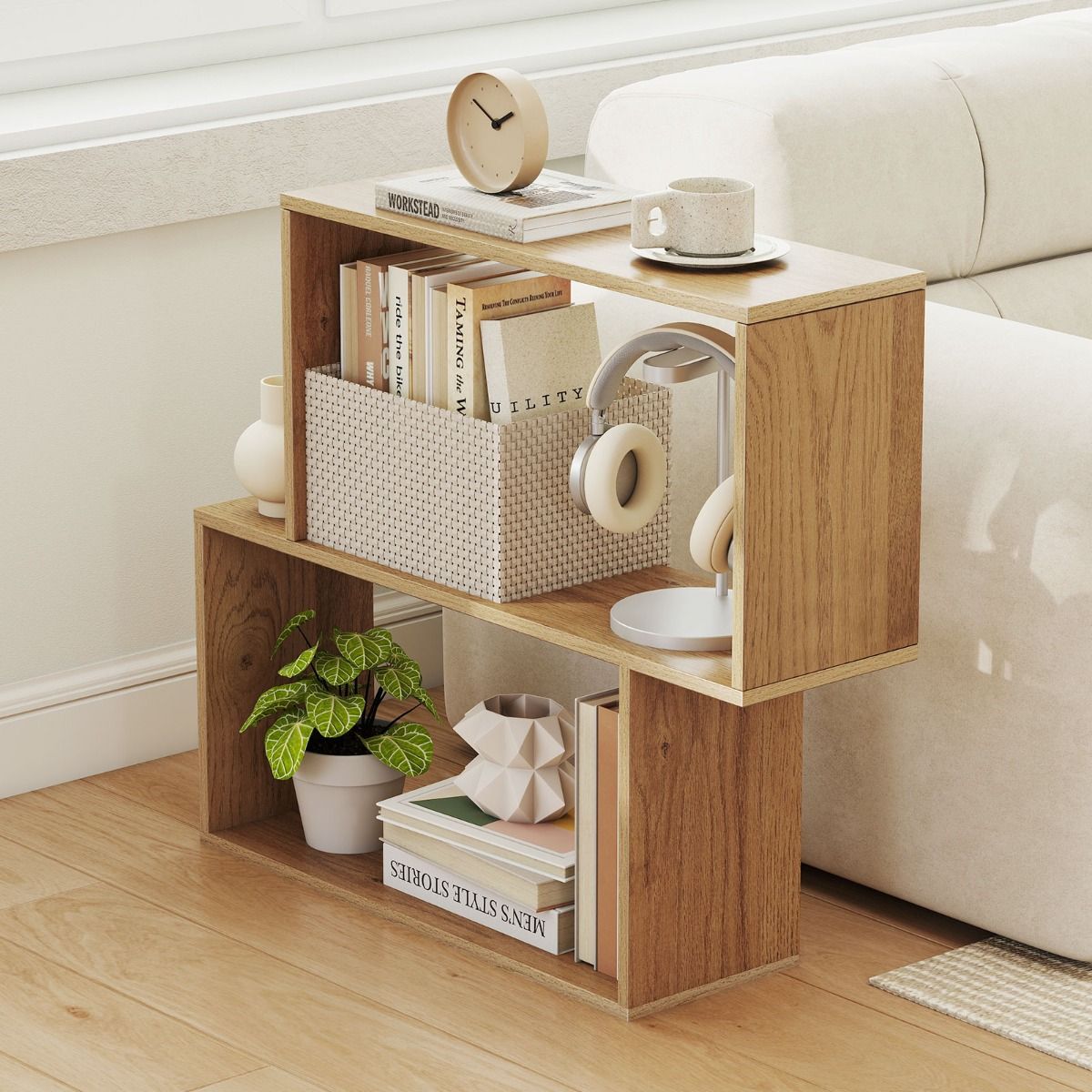 Coast Bücherregal – 3-stöckiges geometrisches Design – 2 würfelförmige Fächer – Naturholz