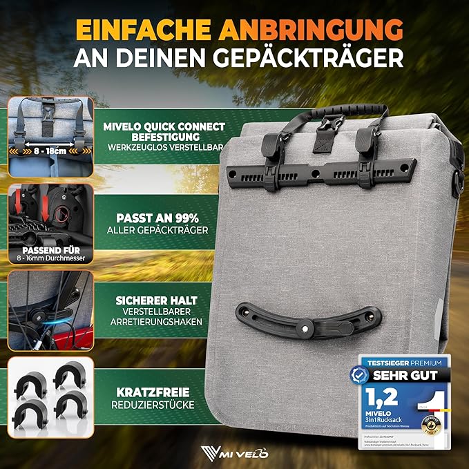 MIVELO Pannier - 3-in-1 Rucksack & Umhängetasche - Wasserdichtes Thermoplastisches Polyurethan - 20 Liter - Grau