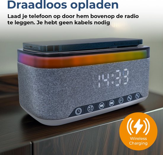 Denver Wecker mit kabellosem Ladegerät - Weißes Rauschen - Digitaler Wecker - Bluetooth - FM-Radio - Dualer Alarm - Dimmer - CRQ225