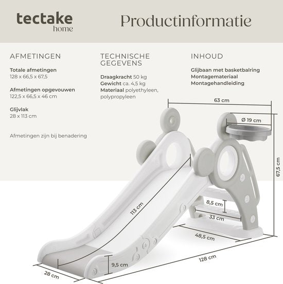 tectake® Kinderrutsche - Rutsche Kleinkind - ab 2 Jahren - mit Basketballring - klappbar - 128 x 66,5 x 67,5 cm - für drinnen und draußen - grau