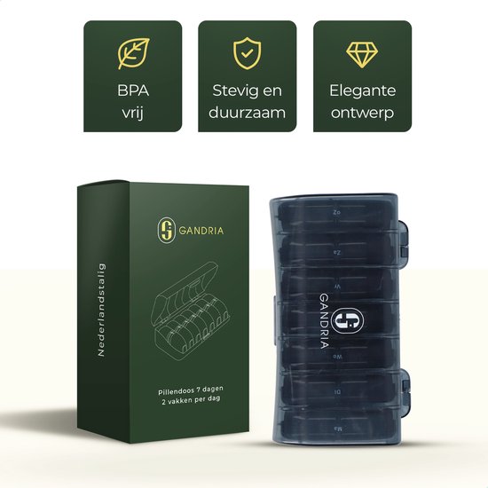 Gandria Pillendose 7 Tage - Herausnehmbare Pillendose - Medizinbox mit 14 Fächern - Medizinbox mit stabilem Verschluss - 2 Fächer pro Tag - Schwarz