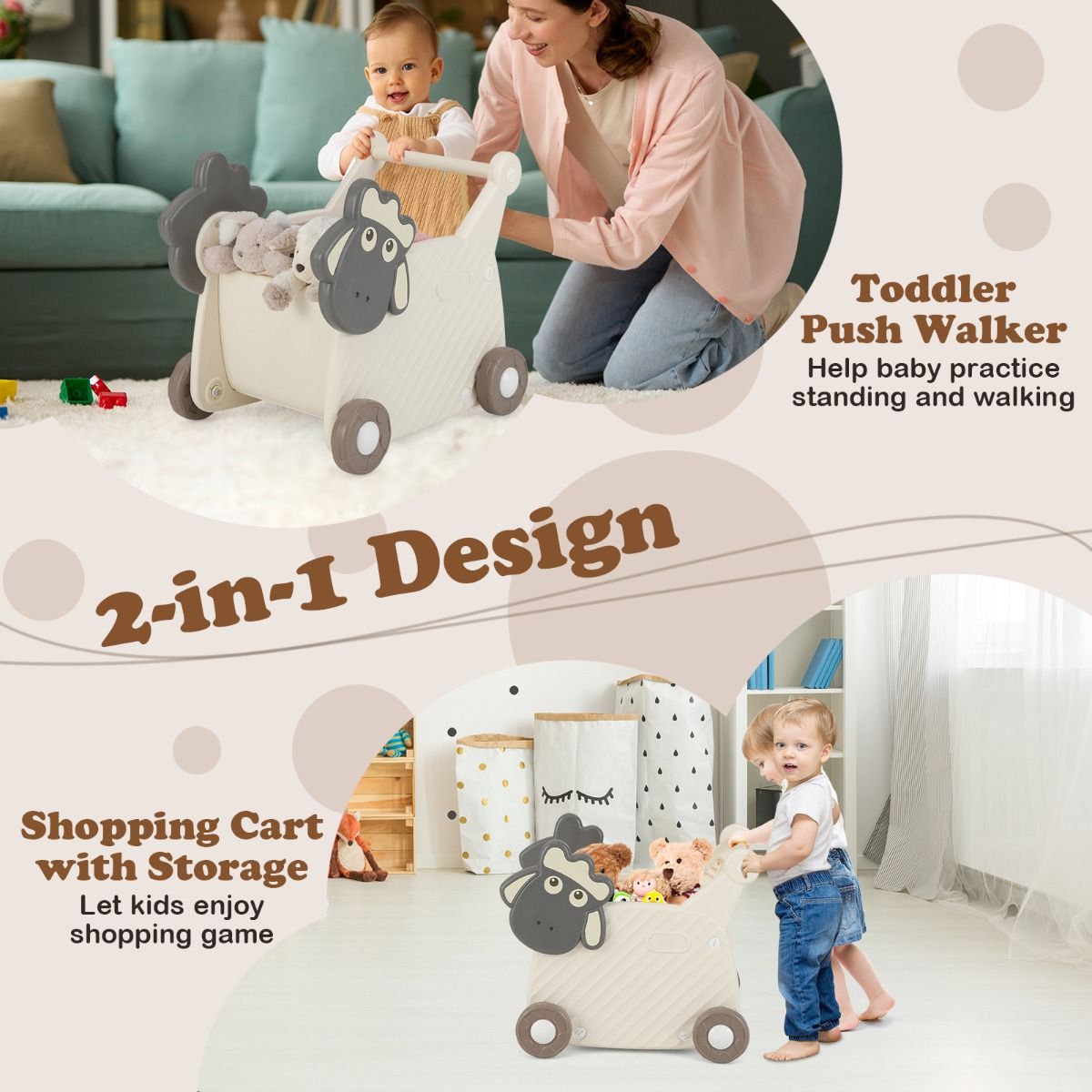 Coast Schaap Laufwagen für Kinder – 2-in-1-Aufbewahrungswagen und Lauflernhilfe – 18 Liter – Beige und Grau