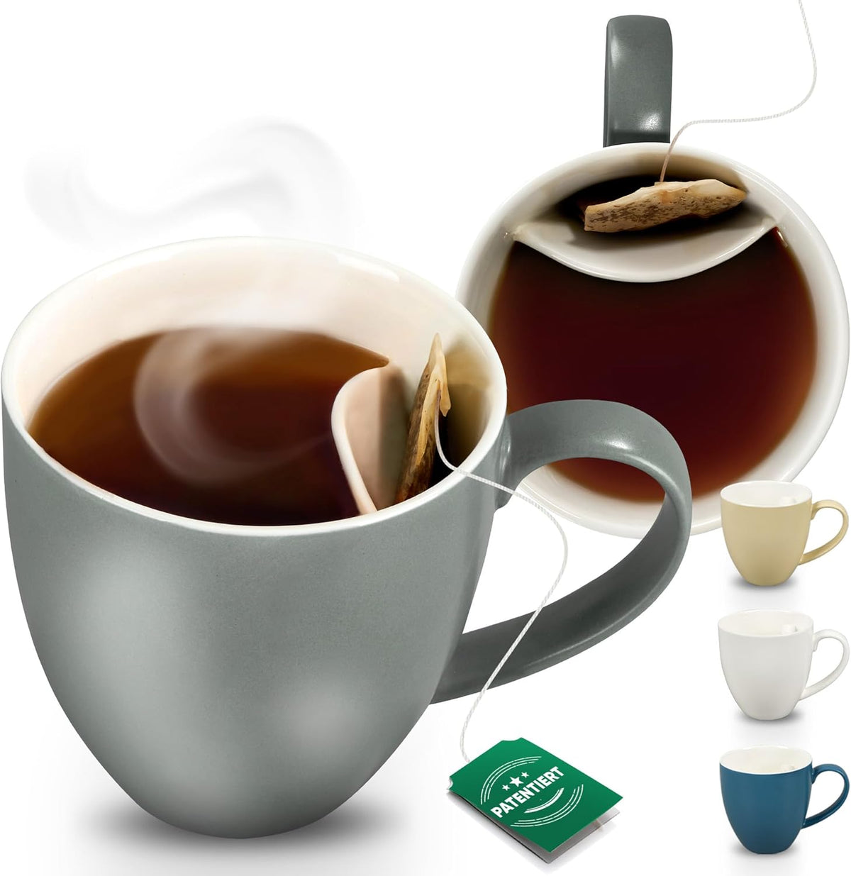 Neighbour's Friend Patentierte Teetasse grau mit Beutelablage I Keramik Tasse groß 325ml I Teebecher Steingut I Keramiktasse für Tee I Spülmaschinengeeignete Teetassen I Modernes Design für Teetrinker