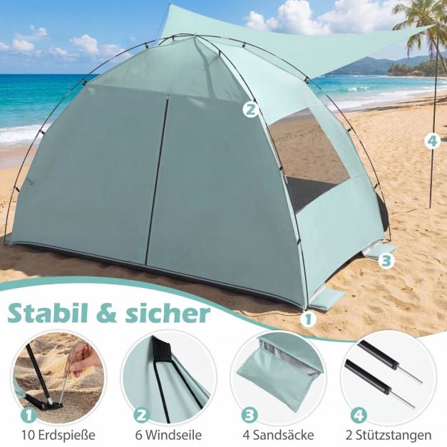 Coast Strandzelt 260 × 150 × 160 cm – Strandzelt mit Markise, UPF 50+ UV-Schutz, Netzfenstern und Tragetasche – Grün