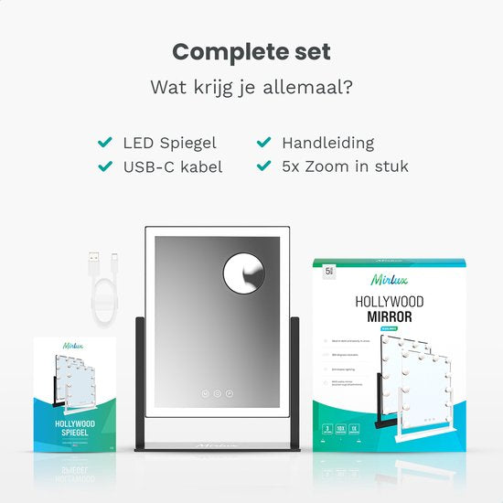 Mirlux Make Up Hollywood Spiegel mit Beleuchtung (44x30cm) Vision - Dimmbare LED-Lampe Licht - Schwarz