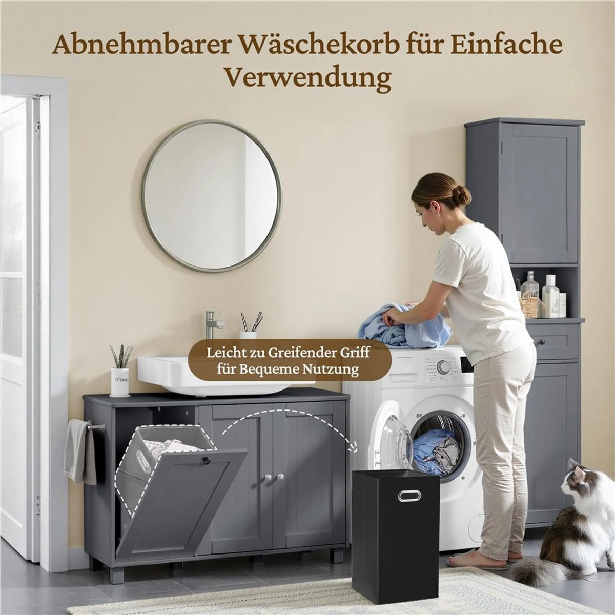 Yaheetech Waschbeckenunterschrank mit U-förmiger Aussparung und Wäschekorb 90 x 30 x 62,5 cm – Dunkelgrau – MDF und Metall