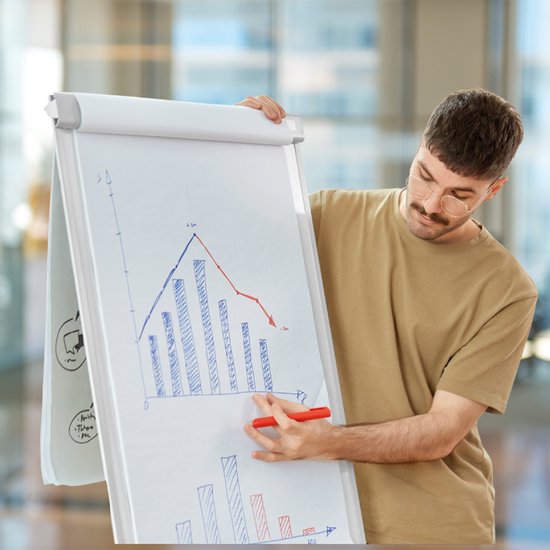 BRASQ Flipchart - 70x100cm - Verstellbares Whiteboard - Inklusive 25 Blatt Papier, 4 Marker, 8 Magnete, Radiergummi - Magnettafel mit Haken - Magnettafel - Aluminium