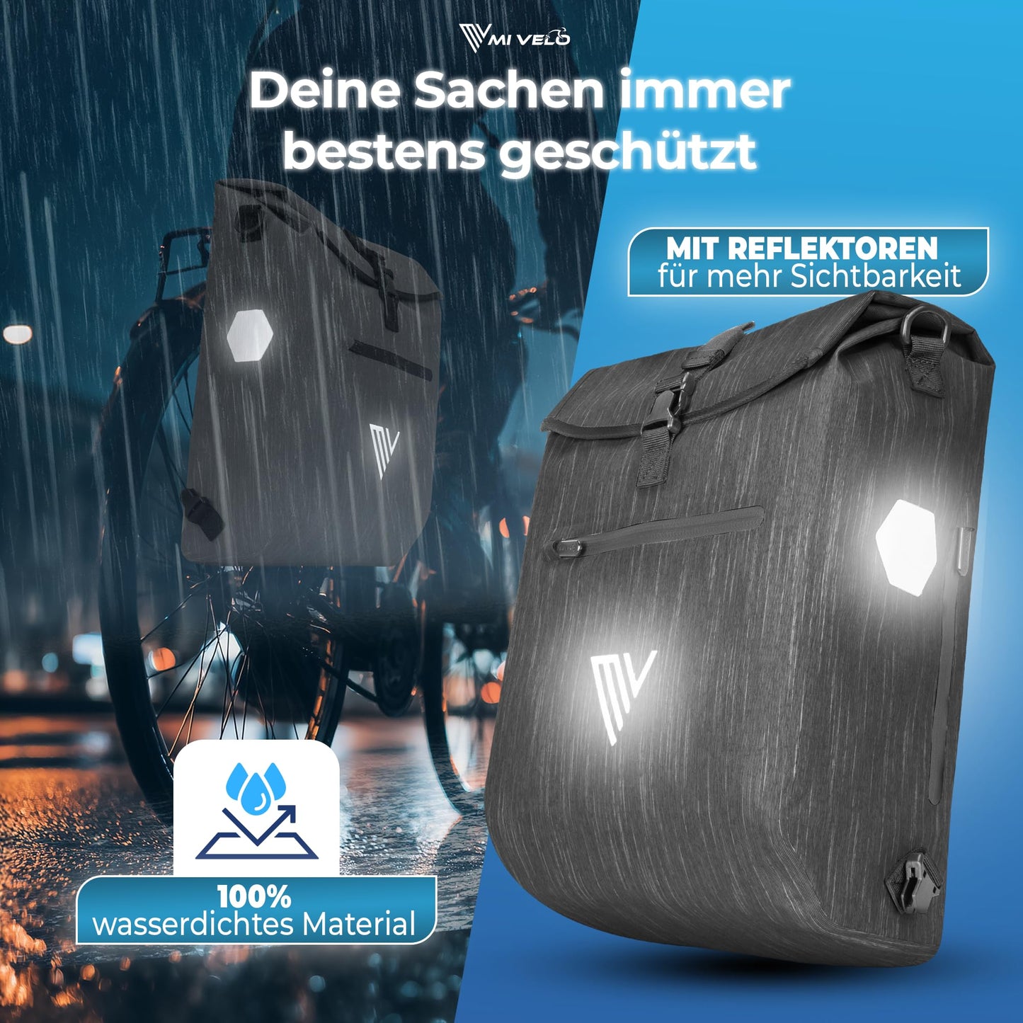 MIVELO - 3-in-1-Fahrradtasche – Wasserdicht – Gefüttertes Laptopfach – Reflektoren - 20 Liter - Graphitfarben
