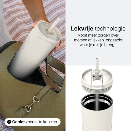 ONYX Trinkflasche mit Strohhalm 700ML - Trinkflasche für Kinder & Erwachsene - Thermosbecher Edelstahl Reisebecher - Motivationstrinker - Trinkbecher für die Schule - Coco White