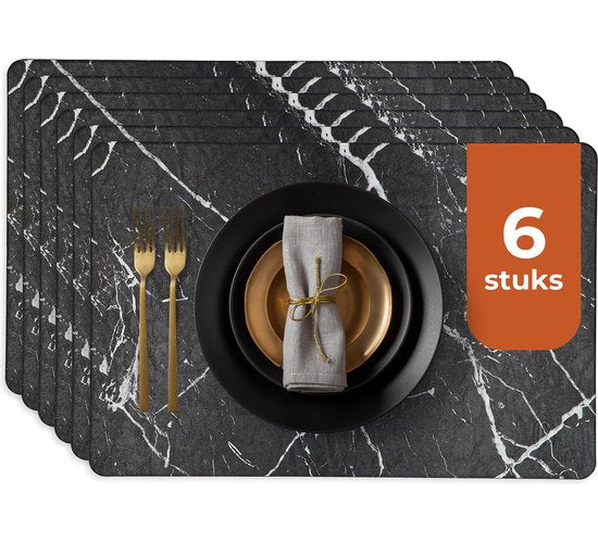Castagnola Platzsets in Lederoptik - Rutschfeste Platzsets aus Kunstleder - Wasserabweisende Untersetzer - Untersetzer - 6 Stück - 45 x 30 cm - Schwarz/Weiß - Marmormuster