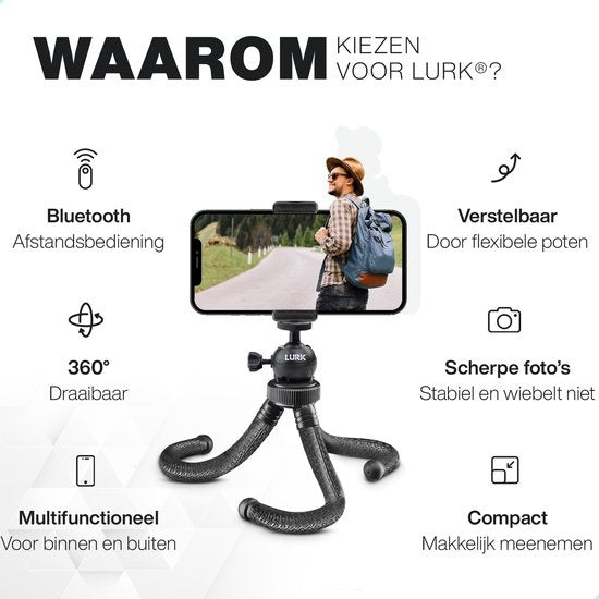 LURK¬Æ 3 in 1 Flexibele Octopus Tripod statief voor smartphone & (actie)camera - Incl. telefoonklem en bluetooth afstandsbediening - 25 cm