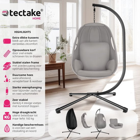 tectake Hängesessel mit Gestell - Schaukelstuhl mit Kissen + Rückenkissen - Möbel für Wohn- oder Schlafzimmer - Balkonmöbel - Für drinnen oder draußen - Bis 160 kg - Hellgrau