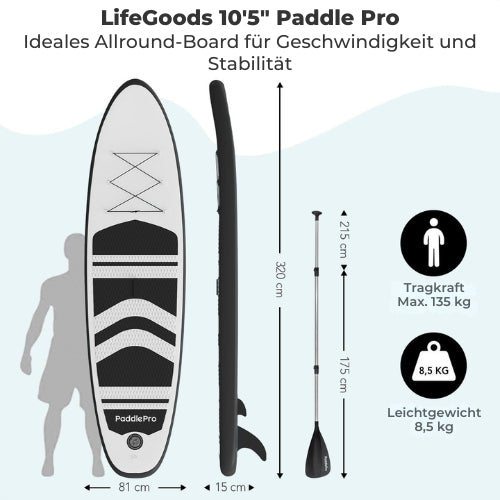 LifeGoods SUP Board - Aufblasbares Paddle Board - Komplettset - Max. 135KG - 320x81cm - Weiß/Schwarz