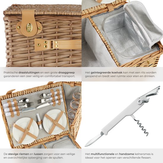 tectake - komplettes Picknickkorb-Set Terschelling - Luxuriöses 21-teiliges Picknick-Set für 2 Personen - Picknickkorb aus Weidengeflecht - Inklusive Kühlbox, Set mit Tellern, Weingläsern aus Kunststoff und Besteck aus Edelstahl