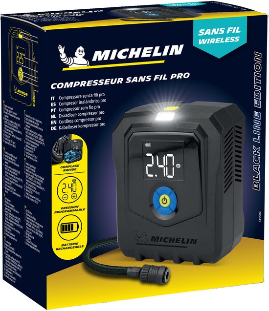 Michelin Elektrische, wiederaufladbare Reifenpumpe – Kabelloser Kompressor – Auf den gewünschten Druck einstellbar – Bis zu 10 bar – Mit LED-Licht – Für Autoreifen, Fahrradreifen, Sportbälle und aufblasbare Artikel