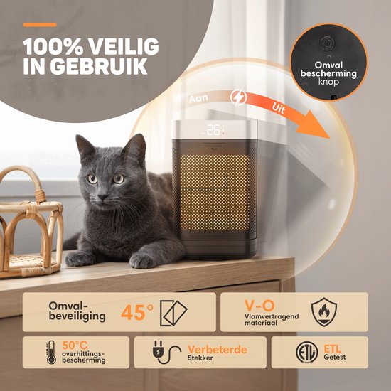 Vulpes Goods® Tech - Elektroherd mit Fernbedienung - Heizlüfter - Keramischer Herd - 4 Stufen - 1500W - Rotary, Timer & Thermostat - Für Innenräume - Schwarz
