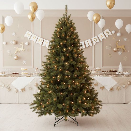 Triumph Tree Bristlecone Kunstweihnachtsbaum – Weihnachtsbaum mit Beleuchtung und 240 LED-Lämpchen – Kunstbaum mit Scharnierkonstruktion – H 215 x Ø 127 cm – Dunkelgrün – Für den Innenbereich