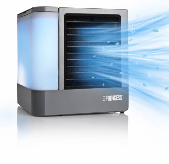 Princess 355500 Premium Mini-Luftkühler 14,2 x 14,2 x 14,8 cm – Tragbare Klimaanlage für Schreibtisch und Schlafzimmer – Luftkühler mit USB-C-Anschluss, LED-Beleuchtung in 7 Farben, herausnehmbarer Wasserverdunstungsfilter, persönlicher Kühler, kompakt fü