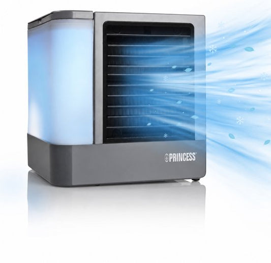 Princess 355500 Premium Mini-Luftkühler 14,2 x 14,2 x 14,8 cm – Tragbare Klimaanlage für Schreibtisch und Schlafzimmer – Luftkühler mit USB-C-Anschluss, LED-Beleuchtung in 7 Farben, herausnehmbarer Wasserverdunstungsfilter, persönlicher Kühler, kompakt fü